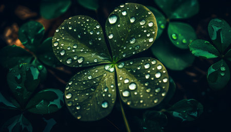 Green clover leaf with water drops close-up. Nature background.の素材
