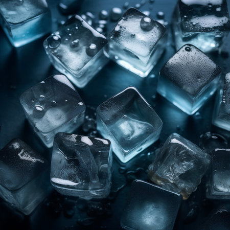 Ice cubes with water drops on dark blue background. Shallow dof.の素材