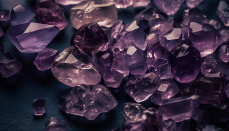 Amethyst crystals on a black background. Selective focus. Toned.の素材