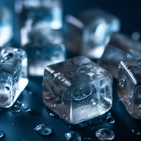 Ice cubes on dark blue background. Shallow depth of field.の素材