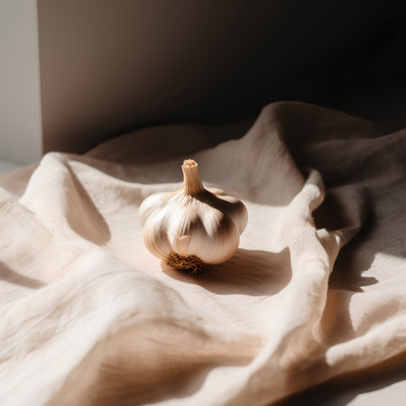 Garlic on a linen cloth on a white wooden table. Natural light.の素材
