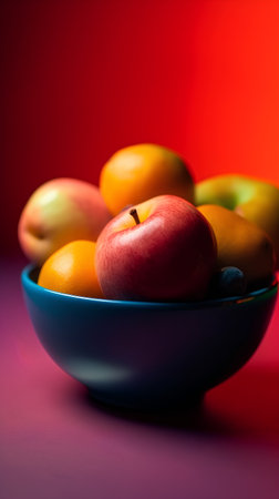 Fruits in a blue bowl on a red background. Selective focus.の素材