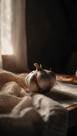 Fresh garlic on a wooden table in the kitchen, selective focus.の素材