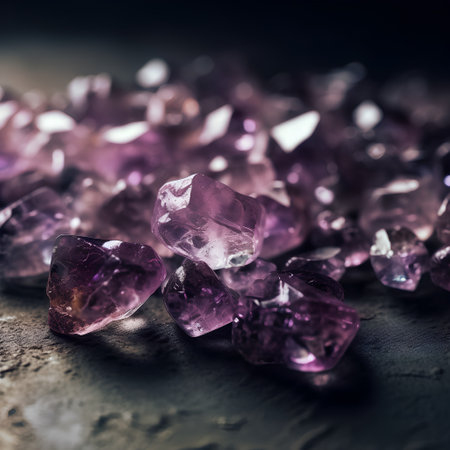 Amethyst crystals on dark background. Macro shot. Selective focus.の素材