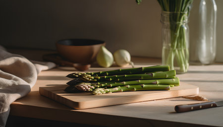 Bunch of fresh green asparagus spears on wooden cutting boardの素材