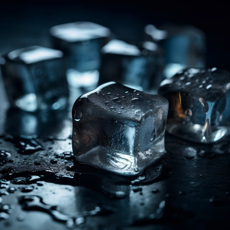 Ice cubes on black background. Shallow depth of field. Toned.の素材