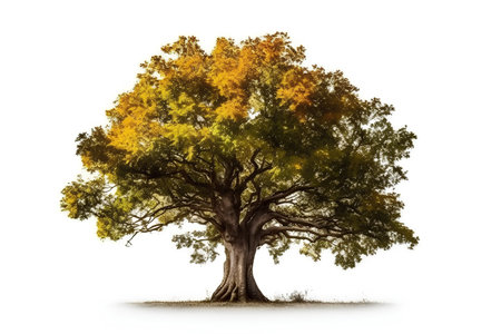 Old oak tree isolated on white background with clipping path and shadow.の素材