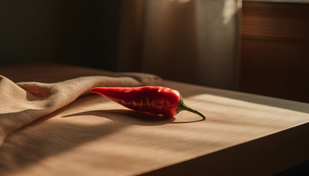 Red hot chili pepper on a wooden table in the kitchen. Selective focus.の素材