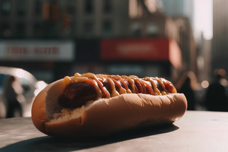 Hot dog with mustard on the background of the street in New York Cityの素材