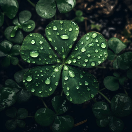 Green clover leaves with water drops. St. Patrick's Day backgroundの素材