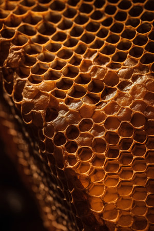 Close up view of the working bee hive filled with golden honey.の素材