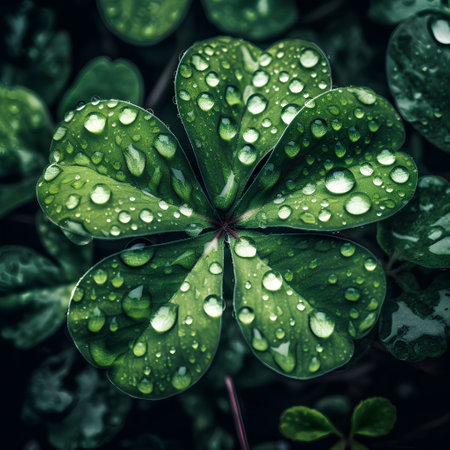 Green clover leaves with water drops. St. Patrick's Day backgroundの素材