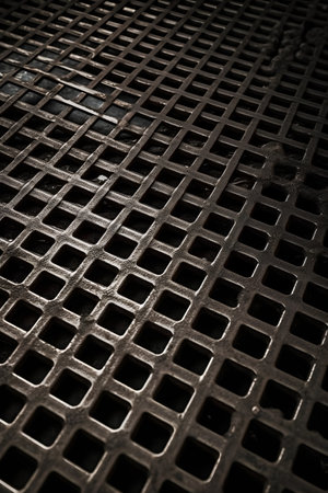 close up of a metal grid with some holes in it, in black and whiteの素材