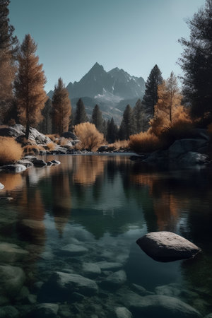 Autumn alpine lake with snow mountain and reflection in water.の素材