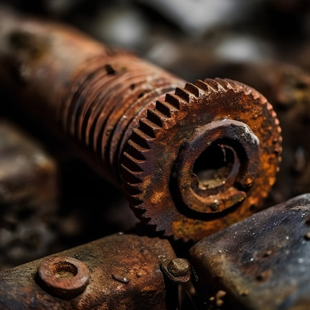 rusty old gears and bolts macro close up, rusty industrial backgroundの素材