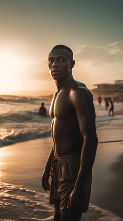 Young african american man standing on the beach at sunset.の素材