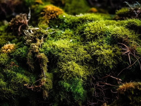 Green moss on the tree in the forest, closeup of photoの素材