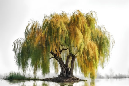 Willow tree on the lake in the foggy morning, 3d renderの素材