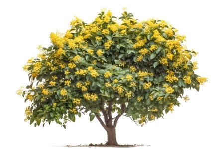 yellow flower tree isolated on white background with clipping path and full depth of fieldの素材