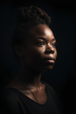 Beauty portrait of young african american woman on black backgroundの素材