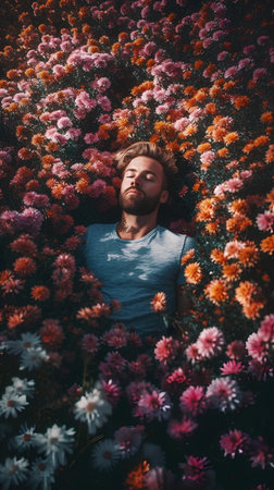 Handsome young man with long blond hair and beard in blue shirt among flowersの素材