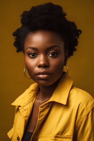 Portrait of a beautiful african american woman in a yellow jacketの素材