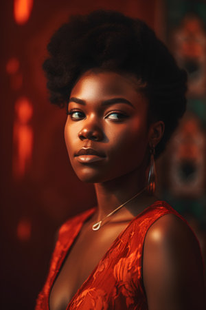 Portrait of a beautiful african american woman in red dressの素材
