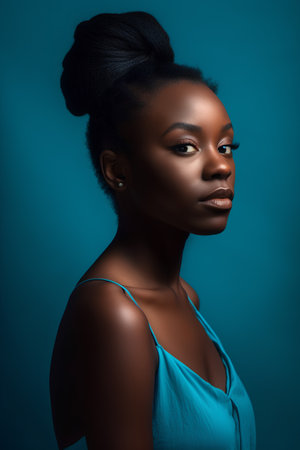 Beauty portrait of young african american woman on blue backgroundの素材