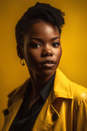 Beautiful african american woman in yellow jacket on yellow backgroundの素材
