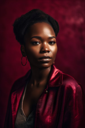 Portrait of a beautiful young african woman in red jacket.の素材