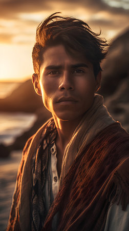 Portrait of a handsome Indian man at the beach at sunset.の素材