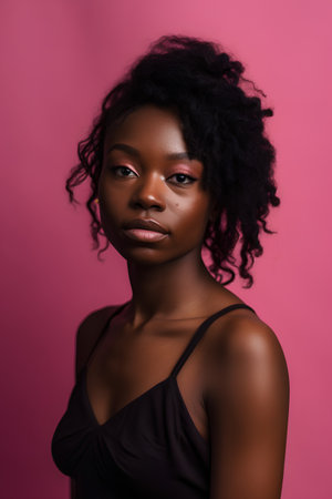 Beautiful african american woman looking at camera isolated on pinkの素材