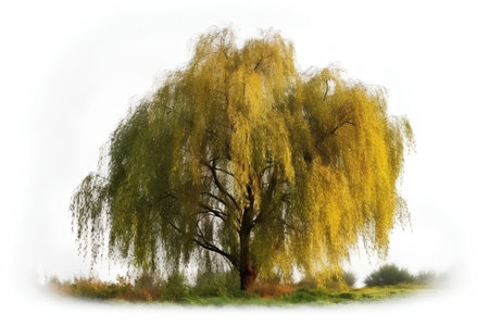 Willow tree with yellow leaves isolated on white background. Nature.の素材