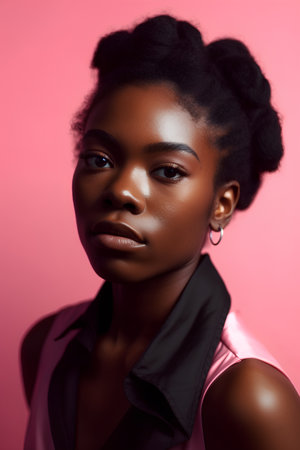 Beauty portrait of young african american woman on pink backgroundの素材