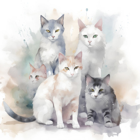 Watercolor portrait of a group of cats on a white background.の素材