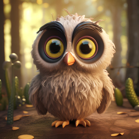 Owl in the forest. 3D illustration. Funny cartoon character.の素材