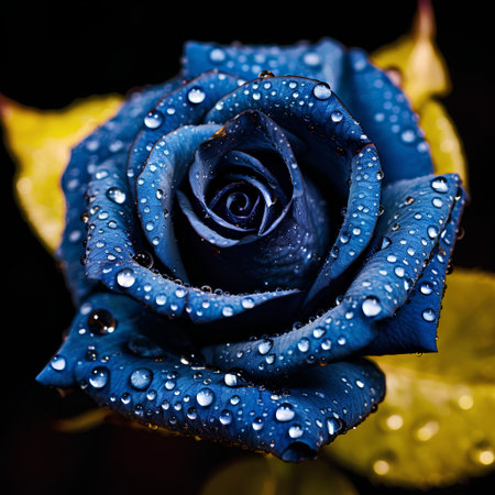 Beautiful blue rose with dew drops on a black background.の素材