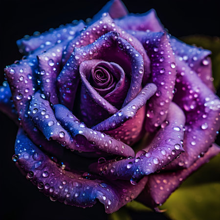 Beautiful purple rose with dew drops on black background. Close up.の素材