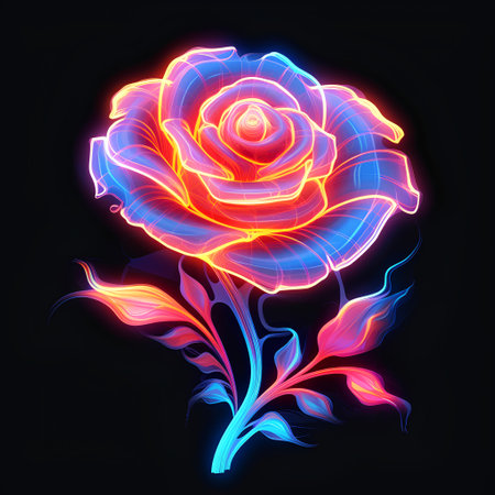 Neon rose flower isolated on black background. Vector illustration for your designの素材
