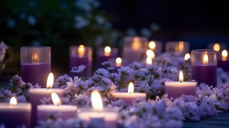 Candles and flowers in a cemetery, shallow depth of field.の素材