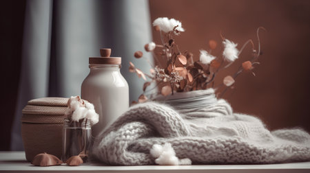 Cozy home interior with a bottle of milk, a knitted scarf and cotton flowers on a windowsill.の素材