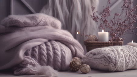 Warm knitted sweaters, candles and flowers on wooden tableの素材