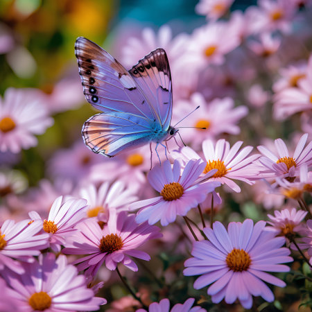 Butterfly on pink daisy flowers. Floral background.の素材