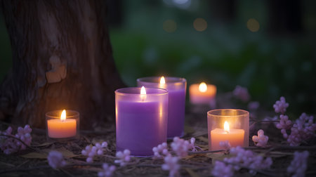 Burning purple candles in the forest. Selective focus. Shallow depth of fieldの素材