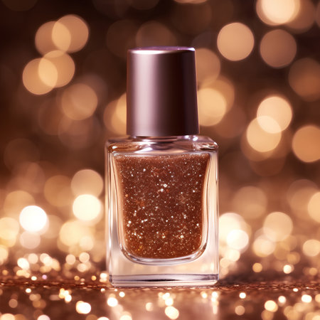 Nail polish bottle on gold glitter background with bokeh effectの素材