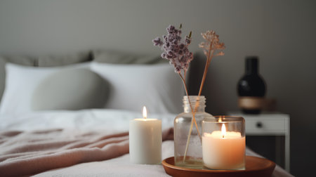 Burning candles and dry lavender flowers in glass vase on bedの素材