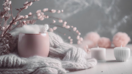 Cozy home still life with a cup of hot drink, woolen scarf, flowers and candles on a white wooden tableの素材
