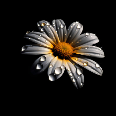 Daisy flower with water drops isolated on black background. Close up.の素材
