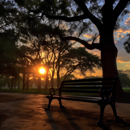 Bench in the park at sunset, 3d render, square imageの素材