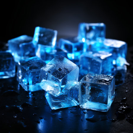 Blue ice cubes on black background. Shallow depth of field.の素材